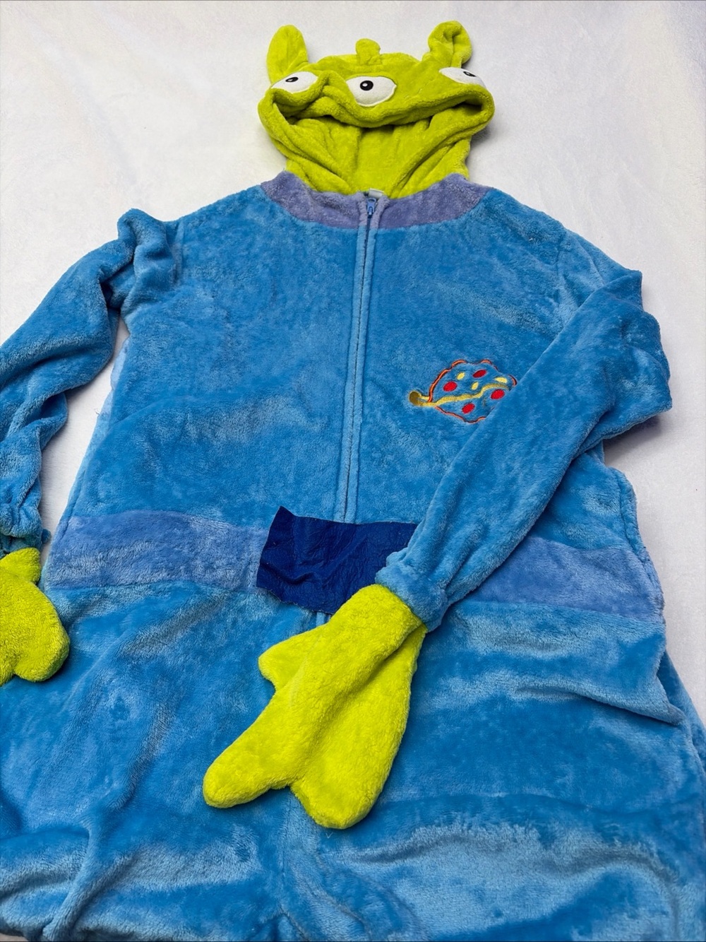 Blue and Lime Plush Alien Hooded Onesie